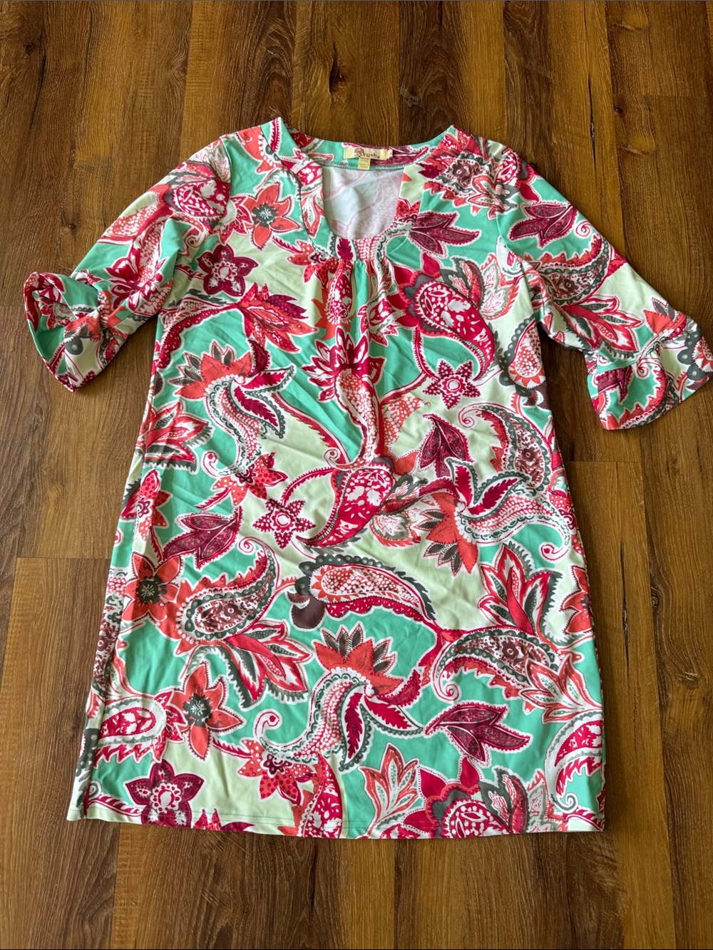Aryeh Mint, teal, white and Coral Paisley short Dress pull over ruffle sleeve